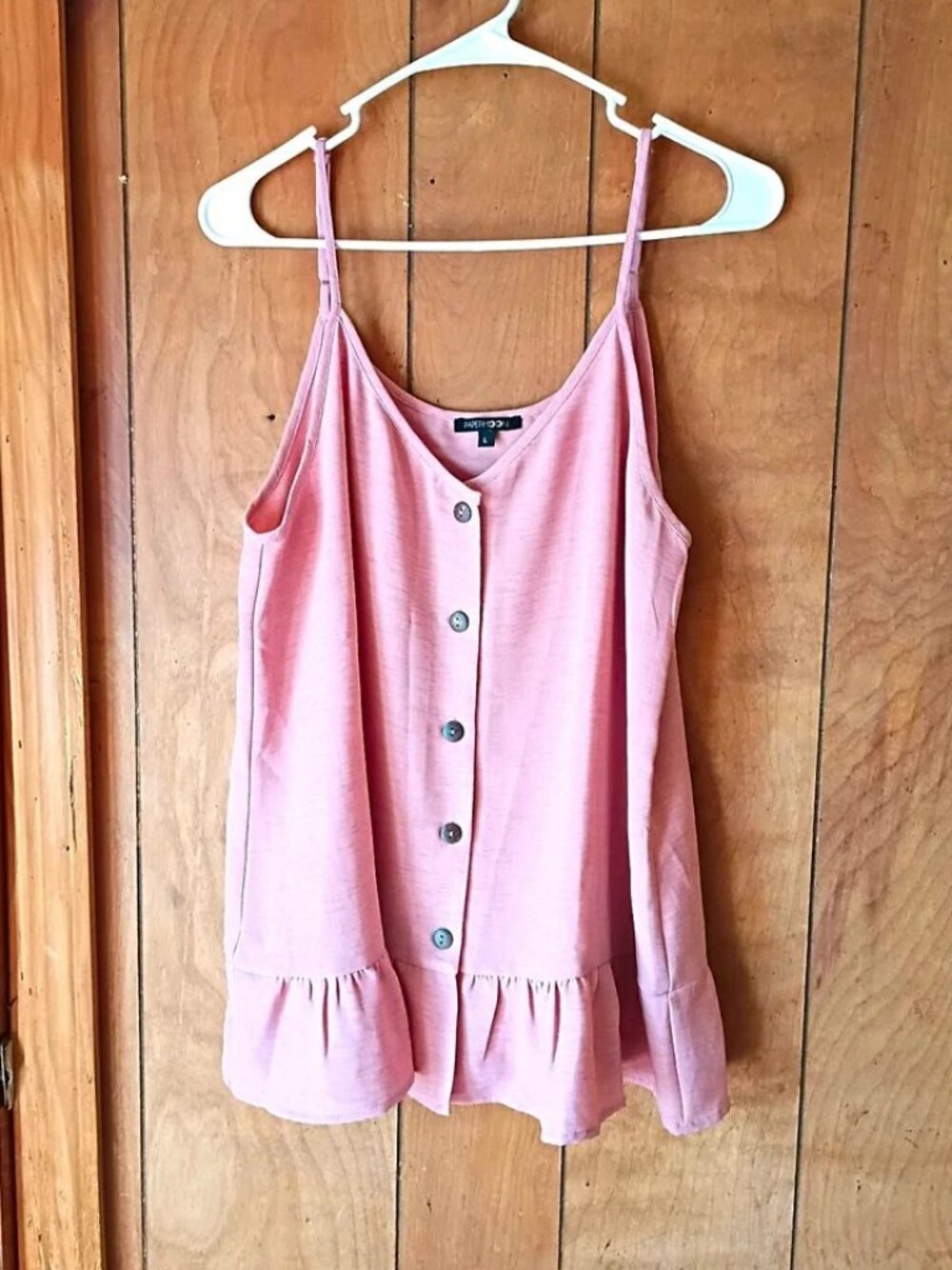 Papermoon Pink V-Neck Spaghetti Strap Button Front Ruffle Hem Tank Top L